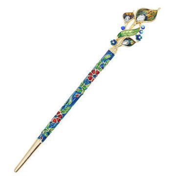 Blue Enamel Cloisonne Calla Lily Hair Stick with Rhinestones